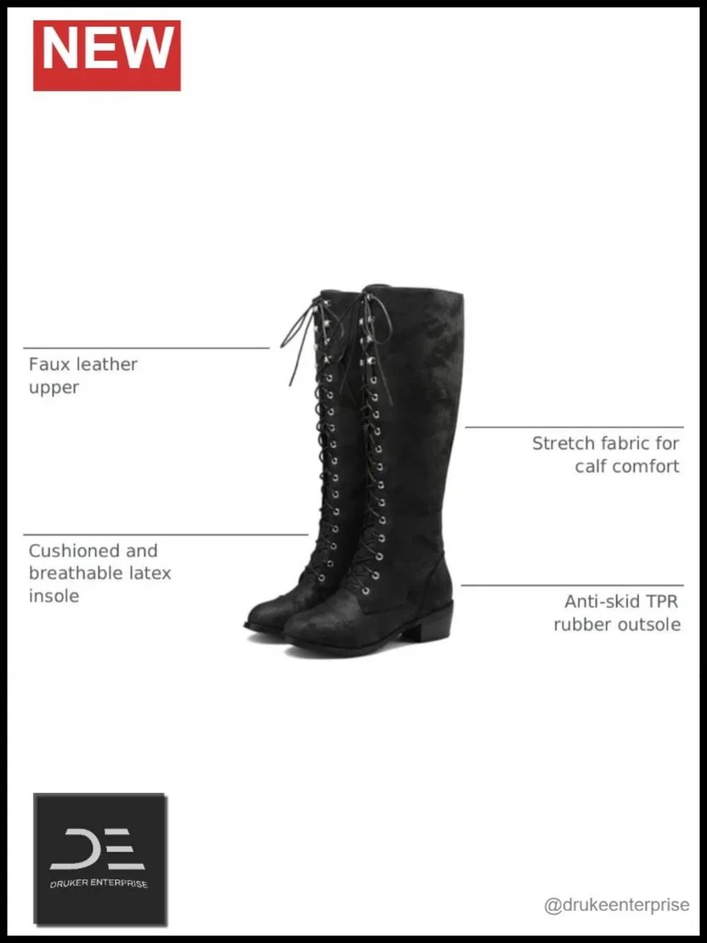 Faux Leather Over The Knee Combat Boots Chunky Heel Side Zipper Lace Up